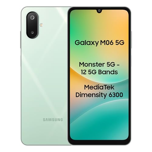 Samsung Galaxy M06 5G (Sage Green, 6Gb Ram, 128 Gb Storage) | Mediatek Dimensity 6300 | Antutu Score 422K+ | 12 5G Bands| 25W Fast Charging | 4 Gen. Of Os Upgrades | Without Charger