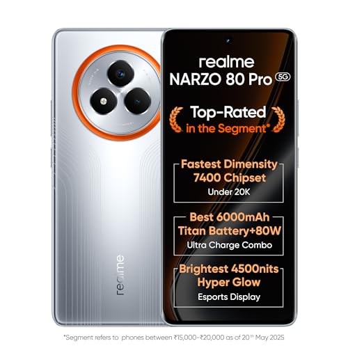 Realme Narzo 80 Pro 5G (Speed Silver,12Gb+256Gb) | Segment’S 1St Mediatek Dimensity 7400 Chipset | 6000Mah Titan Battery + 80W Ultra Charge | 4500Nits Hyperglow Esports Display | Ip69 Waterproof