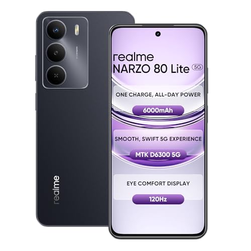 Realme Narzo 80 Lite 5G (Crystal Purple, 4Gb+128Gb) | 6000Mah Long-Lasting Battery | Mediatek Dimensity 6300 5G | Ai Assist | Ip64 Rated Water & Dust Resistance | Military-Grade Durability