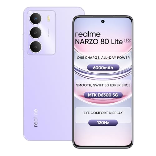 Realme Narzo 80 Lite 5G (Crystal Purple, 6Gb+128Gb) | 6000Mah Long-Lasting Battery | Mediatek Dimensity 6300 5G | Ai Assist | Ip64 Rated Water & Dust Resistance | Military-Grade Durability