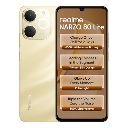 Realme Narzo 80 Lite 4G (Obsidian Black, 4Gb+64Gb) | 6300Mah Segment’S Biggest Battery | 7.94Mm Slim Design | 300% Ultra Volume | Pulse Light: 9 Colors, 5 Glow Modes | Ai Assist