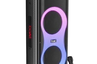 Boat New Launch Partypal 600 Party Speaker, 220W Signature Sound, Dynamic Pixels, Animated Text Display, App Support, Uhf Wireless Microphone, Colorful Leds,7Hrs Battery & Guitar Input(Premium Black)